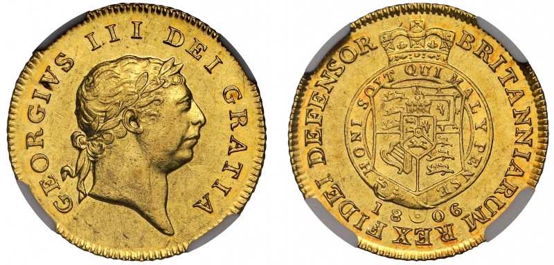 MS60 | George III (1760-1820), gold Half Guinea, 1806, seventh laureate head rig...