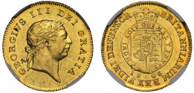 MS60 | George III (1760-1820), gold Half Guinea, 1806, seventh laureate head right, legend surrounding GEORGIVS III DEI GRATIA, rev. quartered shield ...