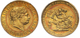 AU55 | George III (1760-1820), gold Sovereign, 1818, ascending colon in legend, first laureate head right, date below, Latin legend commences lower le...
