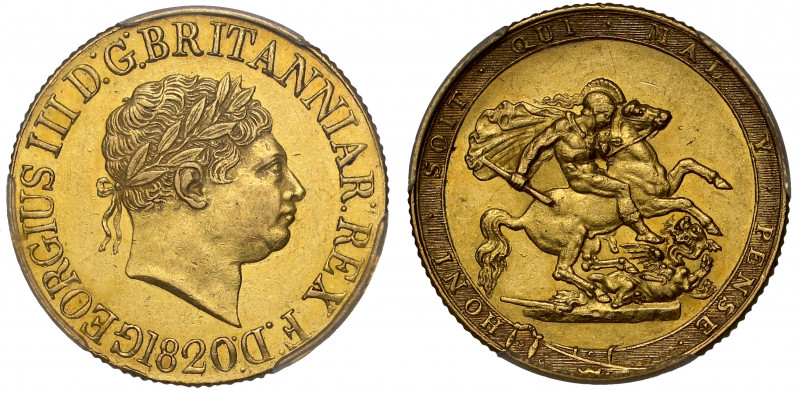 AU58 | George III (1760-1820), gold Sovereign, 1820, open 2 in date, first laure...