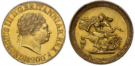 AU58 | George III (1760-1820), gold Sovereign, 1820, open 2 in date, first laureate head right, date below, Latin legend commences lower left, GEORGIV...