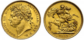 George IV (1820-30), gold Sovereign, 1824, first laureate head left, B.P. for Benedetto Pistrucci below neck, legend and toothed border surrounding, G...