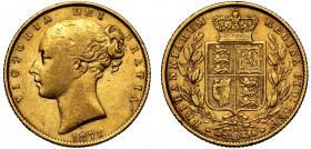 Victoria (1837-1901), gold Sovereign, 1871, Shield reverse, young head left, date below, Latin legend reads VICTORIA DEI GRATIA, rev. crowned quartere...