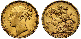 Victoria (1837-1901), gold Sovereign, 1871, St. George reverse, young head left, WW on truncation for engraver William Wyon, Latin legend surrounding,...