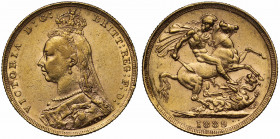 AU58 | Victoria (1837-1901), gold Sovereign, 1889, Jubilee Head left, raised J.E.B. initials close on truncation for engraver J. Edgar Boehm, Latin le...