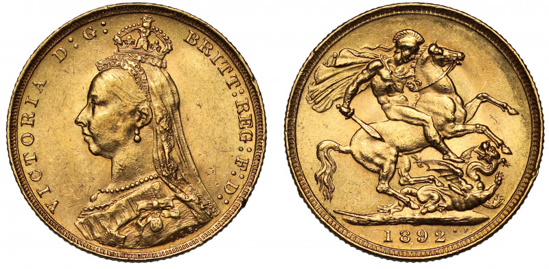 Victoria (1837-1901), gold Sovereign, 1892, Jubilee Head left, raised J.E.B. ini...