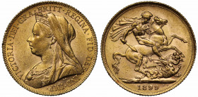 AU58 | Victoria (1837-1901), gold Sovereign, 1899, Old Head left, raised J.E.B. initials close on truncation for engraver J. Edgar Boehm, Latin legend...