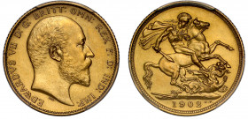 PR62 MATTE | Edward VII (1901-1910), gold matt proof Sovereign, 1902, coronation year, bare head left, B.M. on truncation for Bertram Mackennal, EDWAR...
