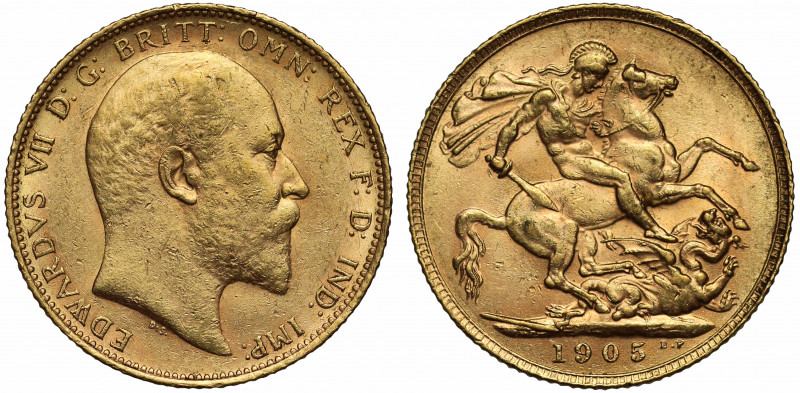 AU58 | Edward VII (1901-1910), gold Sovereign, 1905, bare head right, De S. belo...