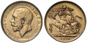 MS64 | George V (1910-36), gold Sovereign, 1911, bare head left, B.M. on truncation for Bertram Mackennal, GEORGIVS V D.G. BRITT: OMN: REX F.D. IND: I...