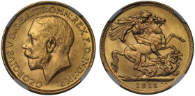 MS64 | George V (1910-36), gold Sovereign, 1915, bare head left, B.M. on truncation for Bertram Mackennal, GEORGIVS V D.G. BRITT: OMN: REX F.D. IND: I...