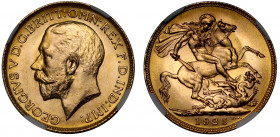 MS66+ | George V (1910-36), gold Sovereign, 1925, bare head left, B.M. on truncation for Bertram Mackennal, Latin legend surrounding GEORGIVS V D.G. B...