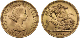 MS65 | Elizabeth II (1952-), gold Sovereign, 1957, bare head right, ELIZABETH. II. DEI. GRATIA. REGINA. F: D:, rev. St. George and dragon right, WWP u...