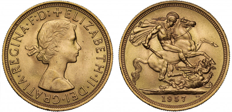 MS65 | Elizabeth II (1952-), gold Sovereign, 1957, bare head right, ELIZABETH. I...