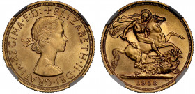 MS66 | Elizabeth II (1952-), gold Sovereign, 1958, bare head right, ELIZABETH. II. DEI. GRATIA. REGINA. F: D:, rev. St. George and dragon right, WWP u...