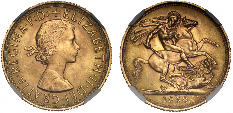 MS65 | Elizabeth II (1952-), gold Sovereign, 1958, bare head right, ELIZABETH. I...