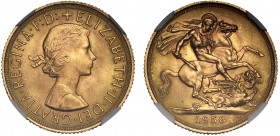 MS65 | Elizabeth II (1952-), gold Sovereign, 1958, bare head right, ELIZABETH. II. DEI. GRATIA. REGINA. F: D:, rev. St. George and dragon right, WWP u...