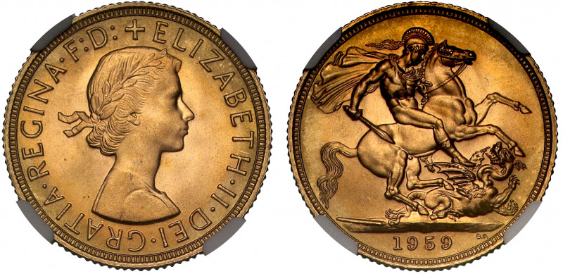 MS66 | Elizabeth II (1952-), gold Sovereign, 1959, bare head right, ELIZABETH. I...