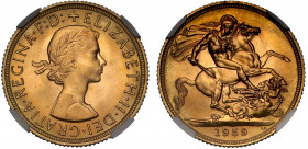 MS66 | Elizabeth II (1952-), gold Sovereign, 1959, bare head right, ELIZABETH. II. DEI. GRATIA. REGINA. F: D:, rev. St. George and dragon right, WWP u...