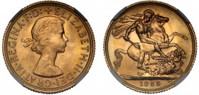 MS65 | Elizabeth II (1952-), gold Sovereign, 1959, bare head right, ELIZABETH. II. DEI. GRATIA. REGINA. F: D:, rev. St. George and dragon right, WWP u...