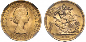MS64 | Elizabeth II (1952-), gold Sovereign, 1963, bare head right, ELIZABETH. II. DEI. GRATIA. REGINA. F: D:, rev. St. George and dragon right, WWP u...