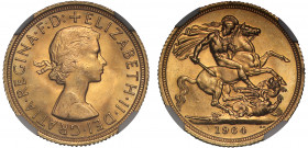 MS63 | Elizabeth II (1952-), gold Sovereign, 1964, bare head right, ELIZABETH. II. DEI. GRATIA. REGINA. F: D:, rev. St. George and dragon right, WWP u...