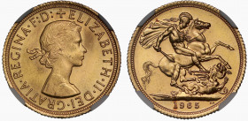 MS64 | Elizabeth II (1952-), gold Sovereign, 1965, bare head right, ELIZABETH. II. DEI. GRATIA. REGINA. F: D:, rev. St. George and dragon right, WWP u...