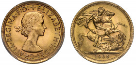 MS63 | Elizabeth II (1952-), gold Sovereign, 1965, bare head right, ELIZABETH. II. DEI. GRATIA. REGINA. F: D:, rev. St. George and dragon right, WWP u...