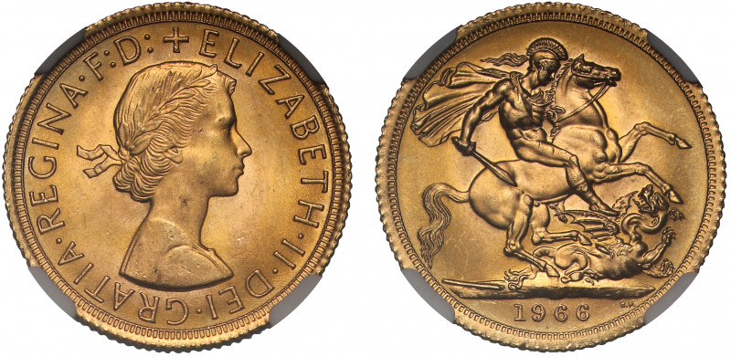 MS66 | Elizabeth II (1952-), gold Sovereign, 1966, bare head right, ELIZABETH. I...