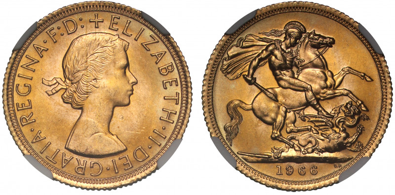 MS65 | Elizabeth II (1952-), gold Sovereign, 1966, bare head right, ELIZABETH. I...