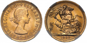 MS65 | Elizabeth II (1952-), gold Sovereign, 1966, bare head right, ELIZABETH. II. DEI. GRATIA. REGINA. F: D:, rev. St. George and dragon right, WWP u...