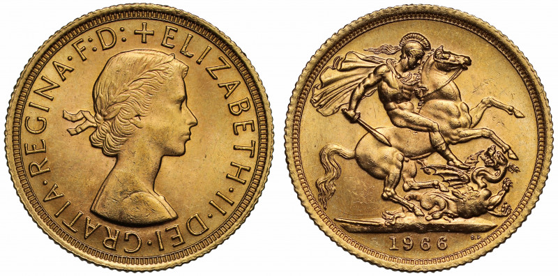MS64 | Elizabeth II (1952-), gold Sovereign, 1966, bare head right, Latin legend...
