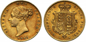 AU55 | Victoria (1837-1901), gold Half Sovereign, 1848/7, young head left, date below with 1848 struck over 1847, Latin legend reads VICTORIA DEI GRAT...