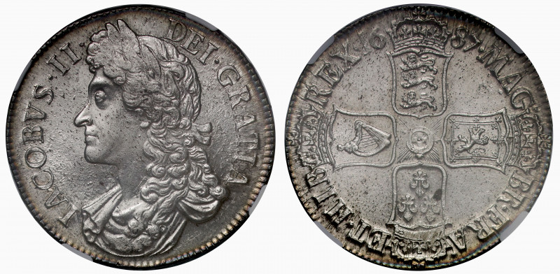 MS64+ | James II (1685-88), silver Crown, 1687, second laureate and draped bust ...