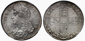 MS64+ | James II (1685-88), silver Crown, 1687, second laureate and draped bust left, legend and toothed border surrounding, IACOBVS. II. DEI. GRATIA,...