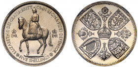 PF66 CAM | Elizabeth II (1952-), cupro-nickel proof Crown, 1953, Coronation issue, Queen on horseback left, groundline below, initials G L to right fo...