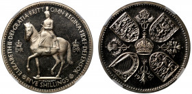 PF65 CAM | Elizabeth II (1952-), cupro-nickel proof Crown, 1953, Coronation issue, Queen on horseback left, groundline below, initials G L to right fo...