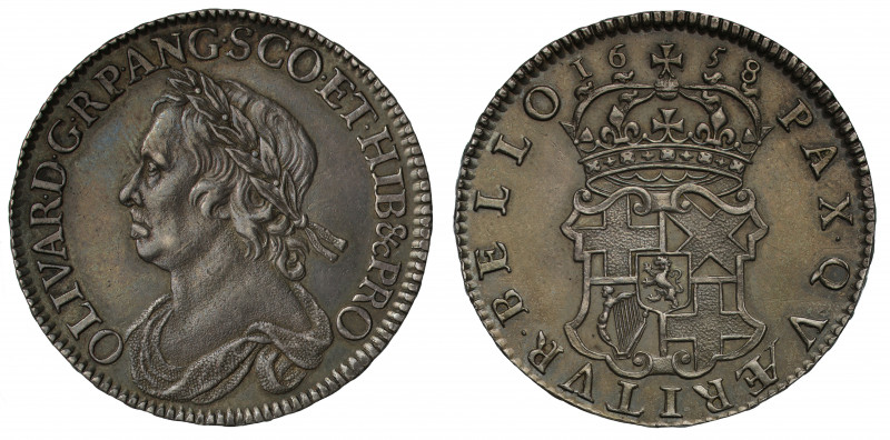 AU58 | Oliver Cromwell (d.1658), silver Halfcrown, 1658, laureate and draped bus...