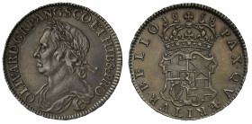 AU58 | Oliver Cromwell (d.1658), silver Halfcrown, 1658, laureate and draped bust left, abbreviated Latin legend and toothed border surrounding, OLIVA...