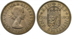 Elizabeth II (1952-), copper nickel Shilling, 1959, Scottish type, bare head right, Latin legend reads ELIZABETH. II. DEI. GRATIA. REGINA, rev. Scotti...