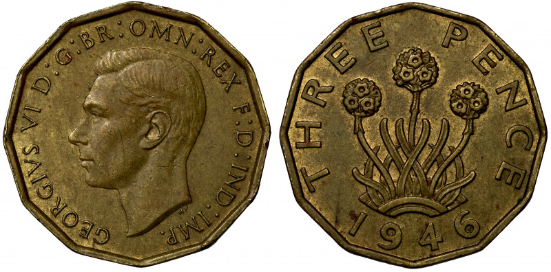 MS61 | George VI (1936-52), brass Threepence, 1946, bare head left, initials HP ...