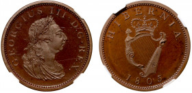 PF65 BN CAMEO | Ireland, George III (1760-1820), bronzed copper proof Penny, 1805, laureate and draped bust right, K raised on shoulder of drapery, fo...
