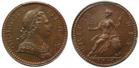 PR65 BN | George III (1760-1820), copper proof Halfpenny, 1770, laureate and cuirassed bust right, Latin legend and toothed border surrounding, GEORGI...