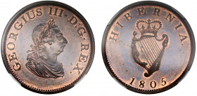 PF65 BN | Ireland, George III (1760-1820), bronzed copper proof Halfpenny, 1805, laureate and draped bust right, K raised on shoulder of drapery, for ...