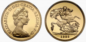 PF70 UCAM | Elizabeth II (1952-), gold proof Five Pounds, 1982, crowned head right, Latin legend and toothed border surrounding, ELIZABETH. II. DEI. G...