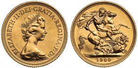 MS66 | Elizabeth II (1952-), gold Sovereign, 1980, crowned head right, Latin legend and toothed border surrounding, ELIZABETH. II. DEI. GRA REGINA. F....