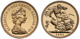 Elizabeth II (1952-), gold proof Sovereign, 1981, crowned head right, Latin legend and toothed border surrounding, ELIZABETH. II. DEI. GRA REGINA. F. ...