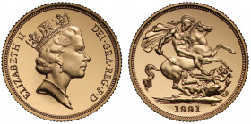 PF69 UCAM | Elizabeth II (1952-), gold proof Sovereign, 1991, crowned head right, RDM initials on neckline for designer Raphael David Maklouf, Latin l...