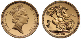 Elizabeth II (1952-), gold proof Sovereign, 1992, crowned head right, RDM initials on neckline for designer Raphael David Maklouf, Latin legend and to...