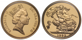 Elizabeth II (1952-), gold proof Sovereign, 1993, crowned head right, RDM initials on neckline for designer Raphael David Maklouf, Latin legend and to...